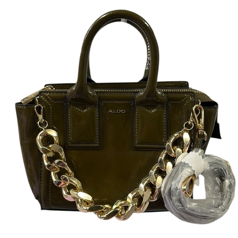 ALDO Fabyx satchel bag khaki green chunky gold chain Handbag Crossbody 8 x 6 in